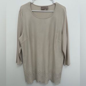 CHICO’s Beige Faux Suede Blouse 3/4 Sleeves Scalloped Front Bottom Size 2/Large